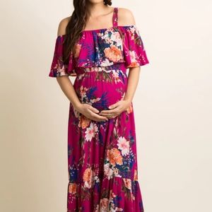 PinkBlush Magenta Floral Ruffle Open Shoulder Maternity Maxi Dress